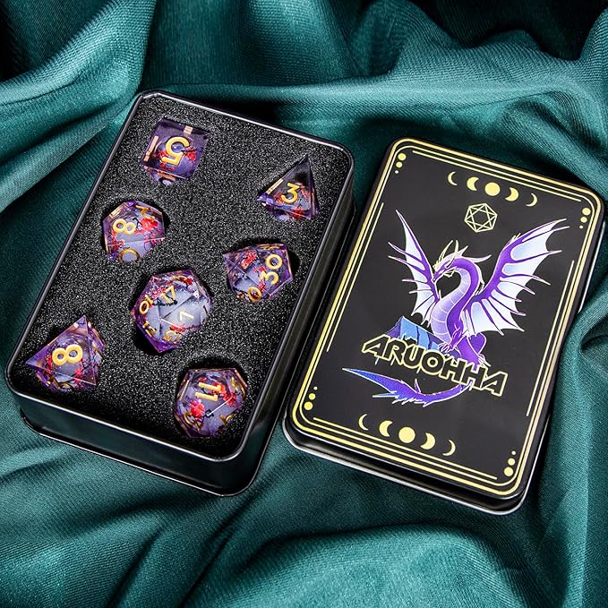 ARUOHHA DND Resin Dice Plum Blossom Liquid Core Golden Purple Sharp Edged - Image 7