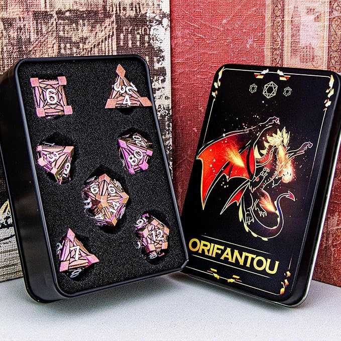 7PCS Metal DND Dice Set with Box, Debris RPG Red D and D Dice - Image 6