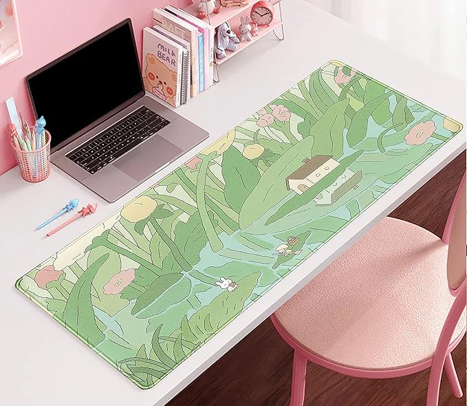 Kawaii Green Desk Mat Cute Mouse Pad Japanese, Flowers and Plants Keyboard Mat - Image 7