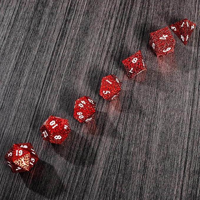 Red Metal Hollow DND Dice Set Metallic Luster Maze Design - Image 9