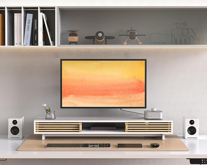 Dual Monitor Stand Riser with Sliding Door, Double Computer Laptop Stand Desk - Image 6