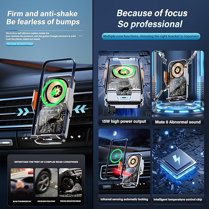Car Phone Holder Charger Wireless Cell Phone Car Mount - 15W Fast Charging - Image 7