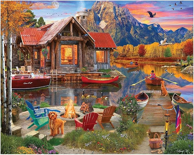 White Mountain Family Retreat Fall Puzzles 1000 Pieces Scenic Lake Cabin Puzzle by WhiteMountain