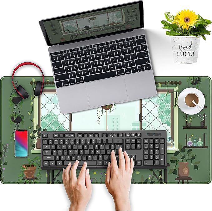 Cute Kawaii Green Plant Desk Mat Anime Aesthetic Mousepad Pixel Art XXL Large - Image 4