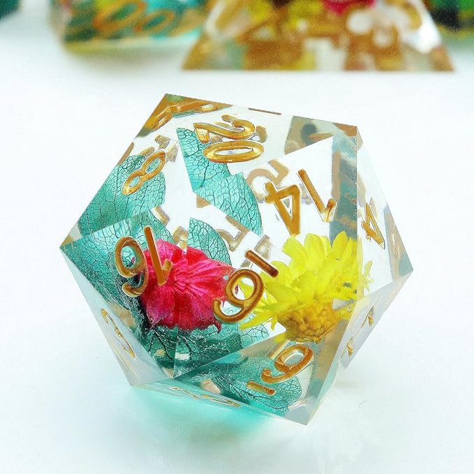 Haxtec Flower Sharp Edge Dice Resin DND Dice Set 7PCS Yellow Blue Red - Image 2