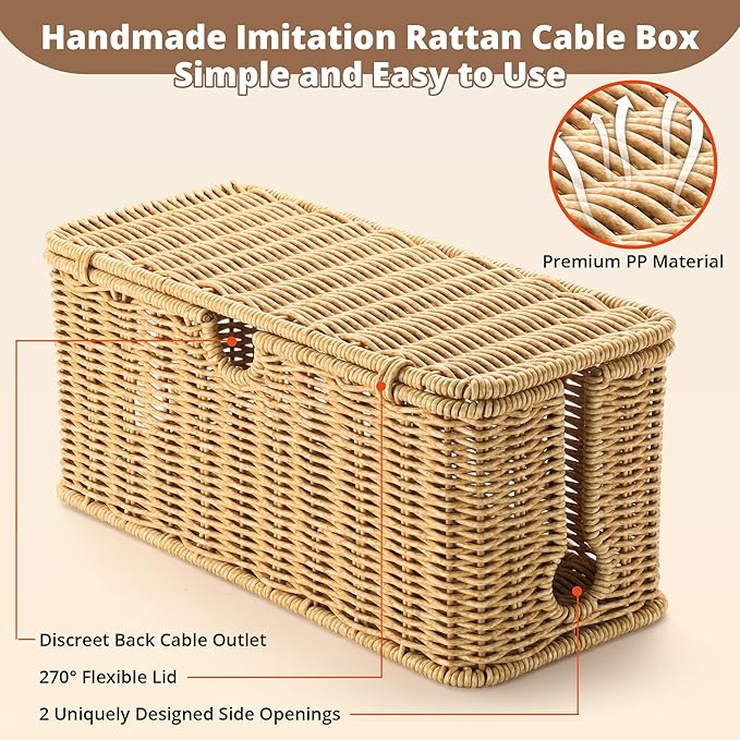 2Pack Large Cable Management Box, Handwoven Imitation Rattan Cord Organizer - Image 3