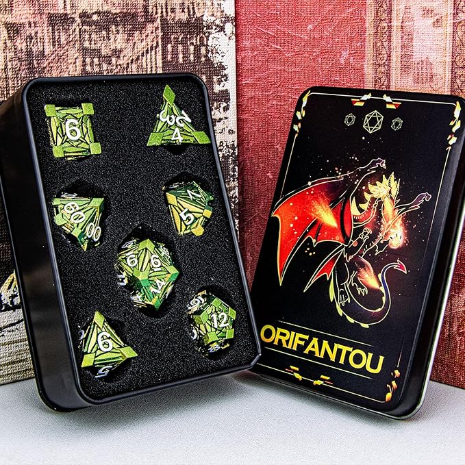 7PCS Metal DND Dice Set with Box, Debris RPG Green Yellow D and D Dice - Image 6