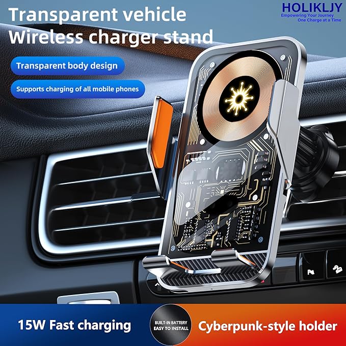 Wireless Charger Holder, Auto Clamp Vent Phone Mount - 15W Fast Charging Dual - Image 2