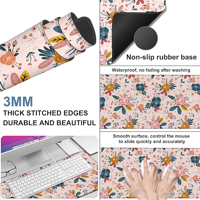 Gaming Desk Pad Large Extra Length Hand Drawn Floral Mouse Pad Keyboard Laptop - Image 2