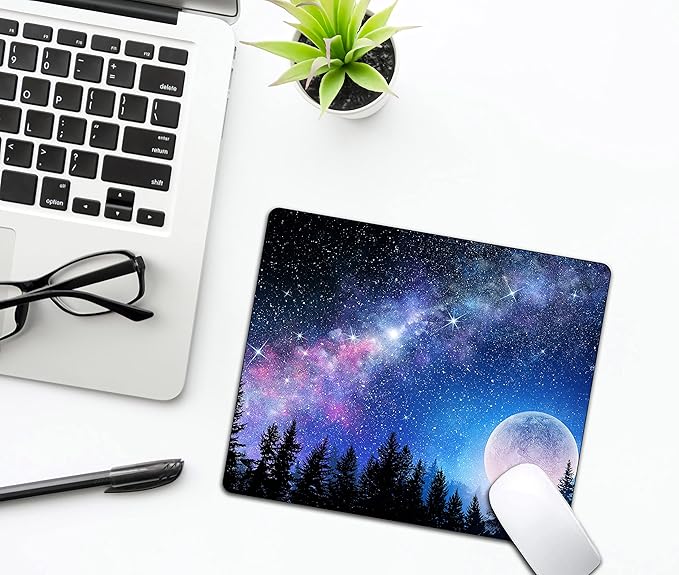 Beautiful Galaxy Nebula Mouse Pad, Full Moon in Night Forest Mouse Pad - Image 5