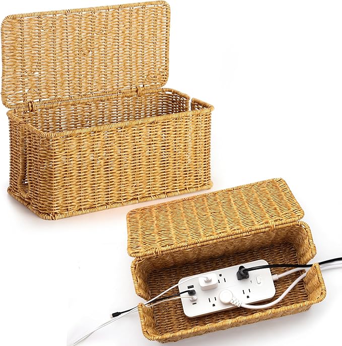 Large Cable Management Box, Handwoven Imitation Rattan Cord Organizer Cord by ZhiYo