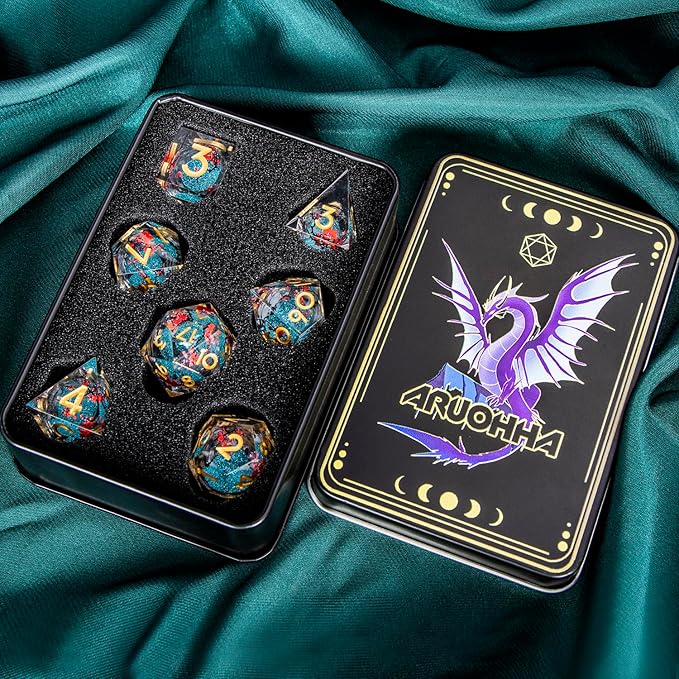 ARUOHHA DND Resin Dice Plum Blossom Liquid Core Dice Golden Blue Sharp Edged - Image 7